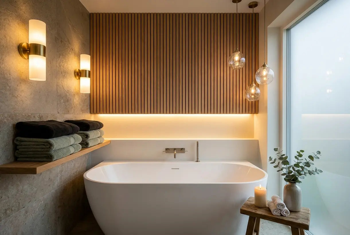 Scandinavian bathroom with layered ambient lighting creating spa-like relaxation atmosphere
