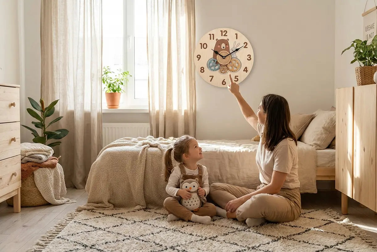Scandinavische kinderkamer met educatieve wandklok en ouder en kind die samen leren