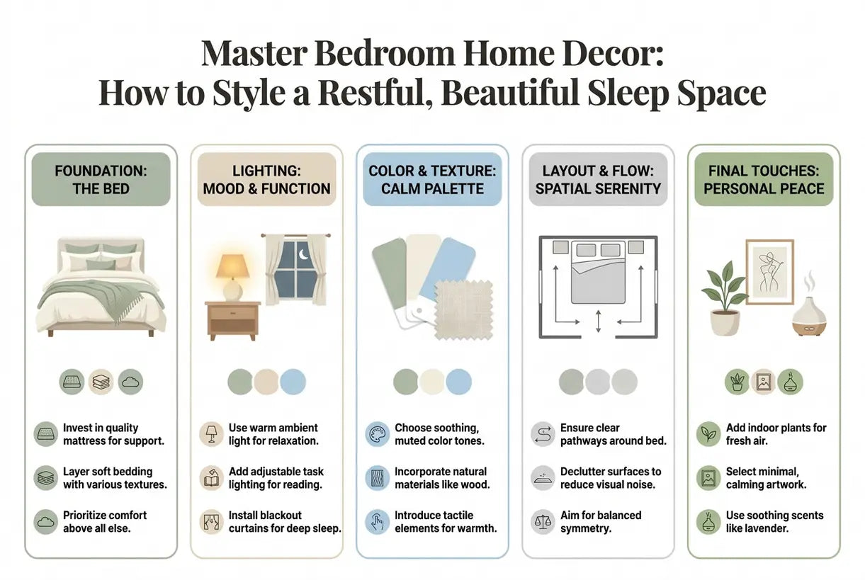 Master Bedroom Home Decor: How to Style a Restful, Beautiful Sleep Space - infographic