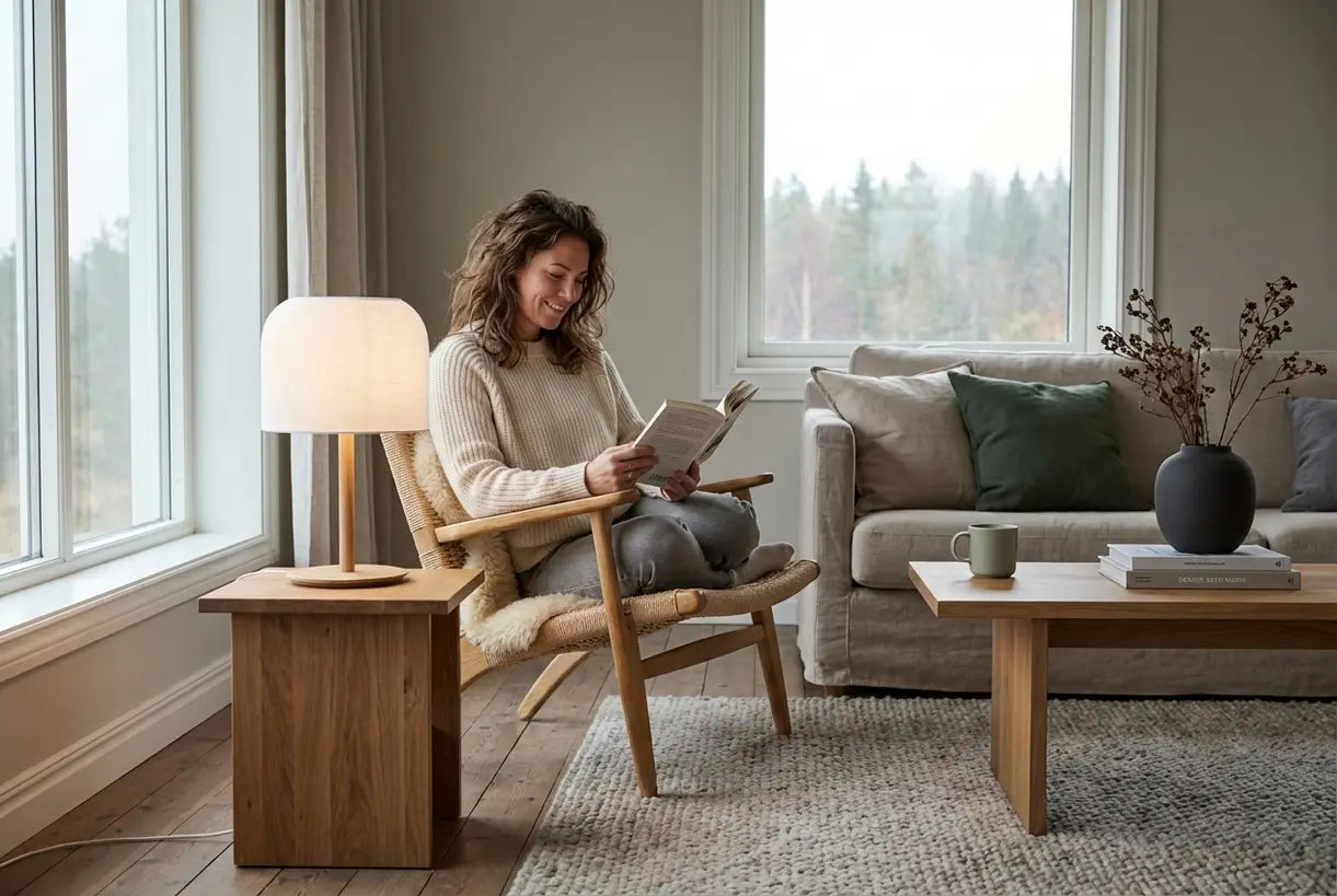 Scandinavische woonkamer met minimalistische tafellamp die een warme, omgevingsgloed werpt op bijzettafel