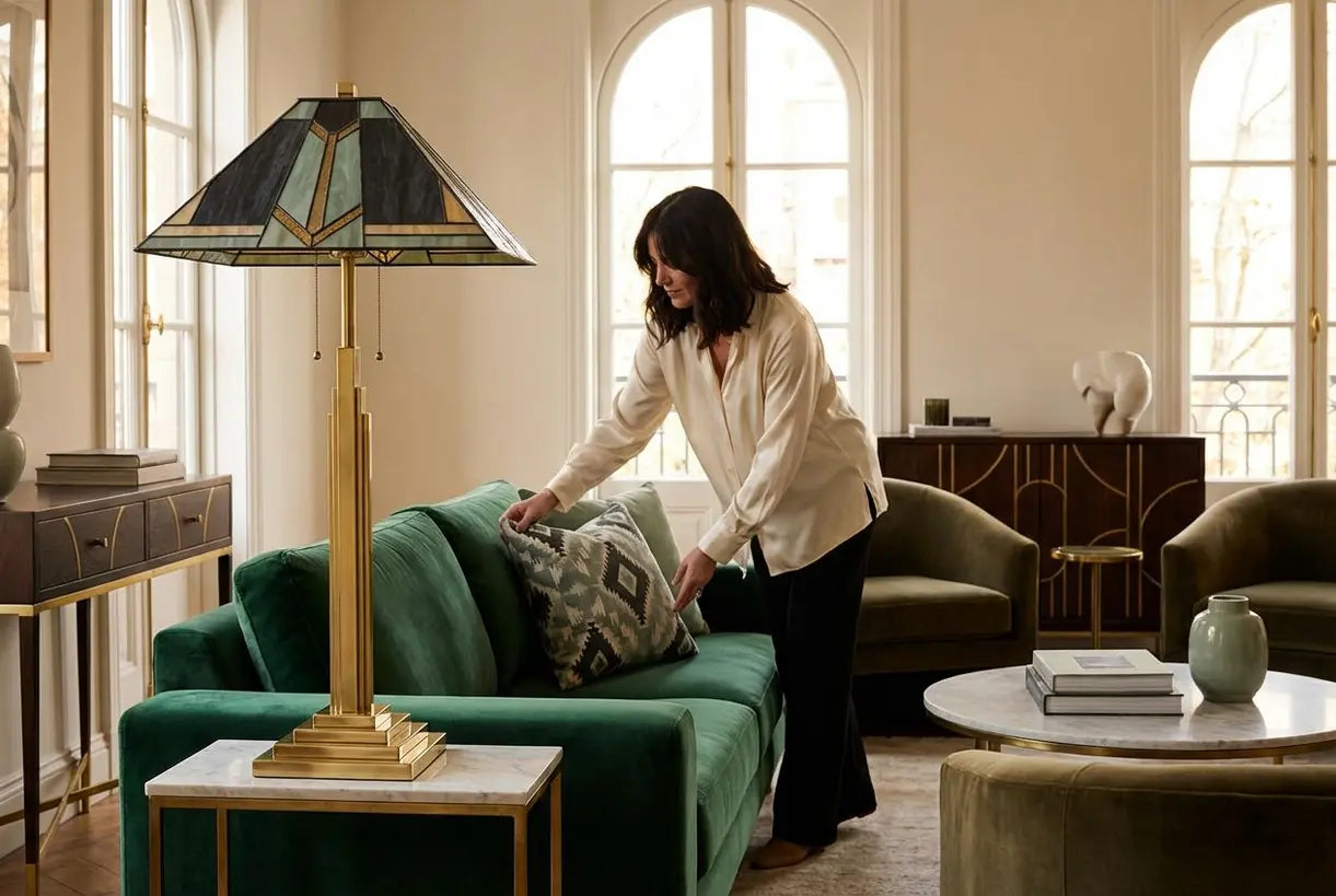 Vrouw stylet woonkamer met Art Deco vloerlamp en geometrisch vintage-geïnspireerde decoratie