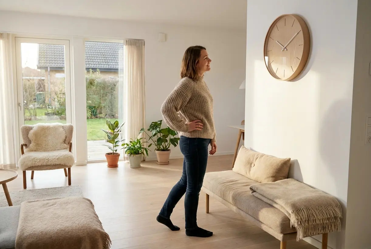 Frau in skandinavischem Wohnzimmer hängt große minimalistische Wanduhr an weiße Wand