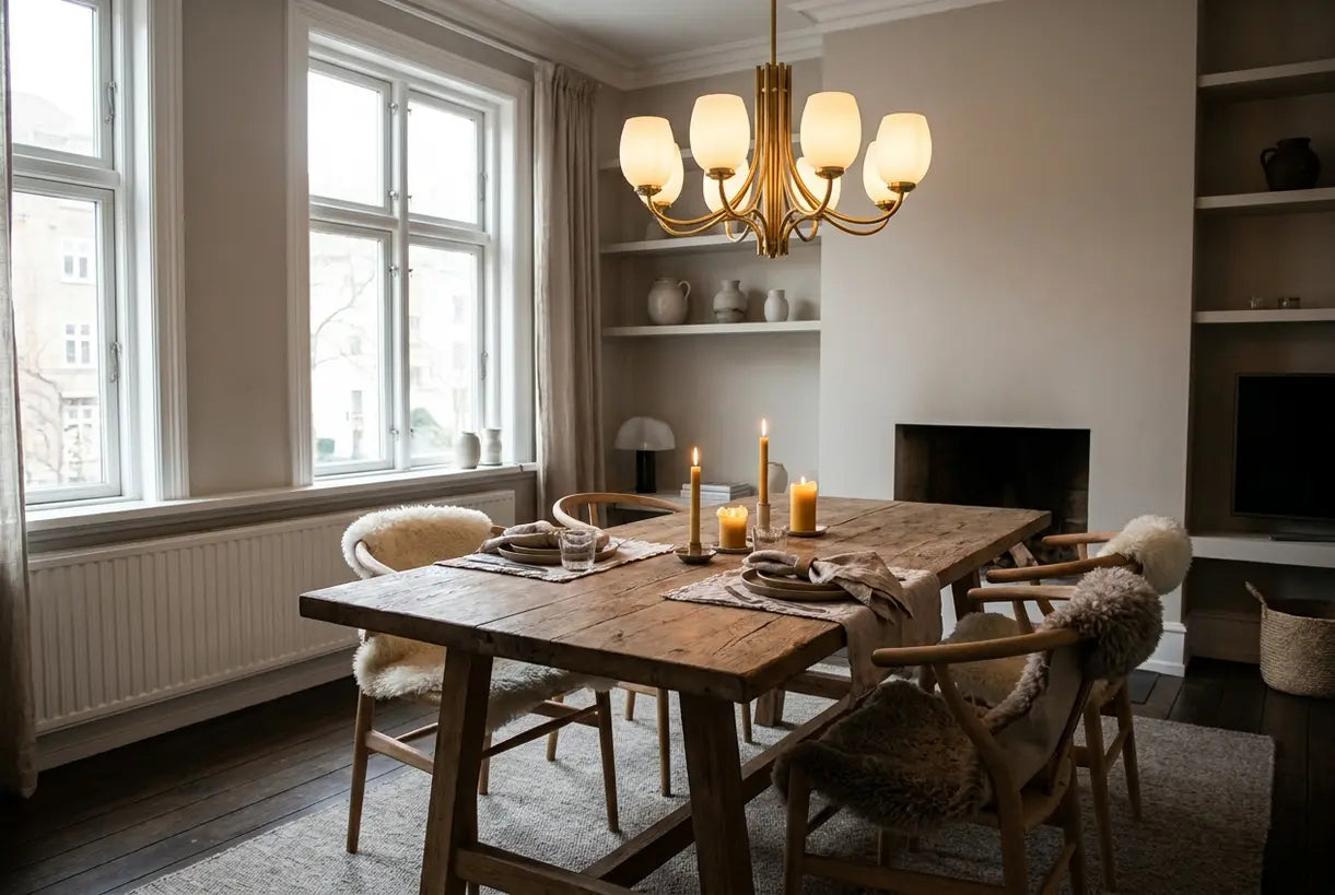 Scandinavian dining room with statement chandelier creating warm ambient lighting atmosphere