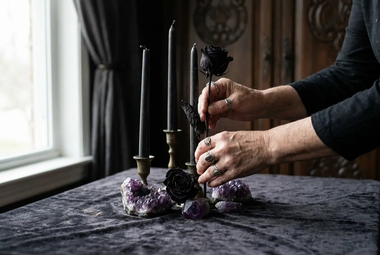Hands arranging black candles and crystals for gothic home decor