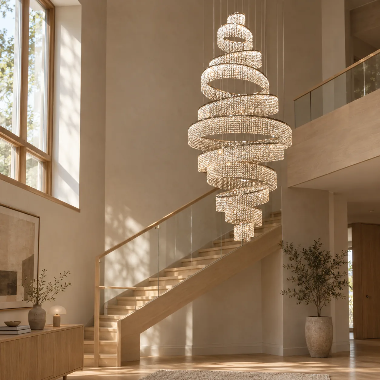 Klarvind Cascading Crystal Ring LED Chandelier, styled in a Scandinavian interior