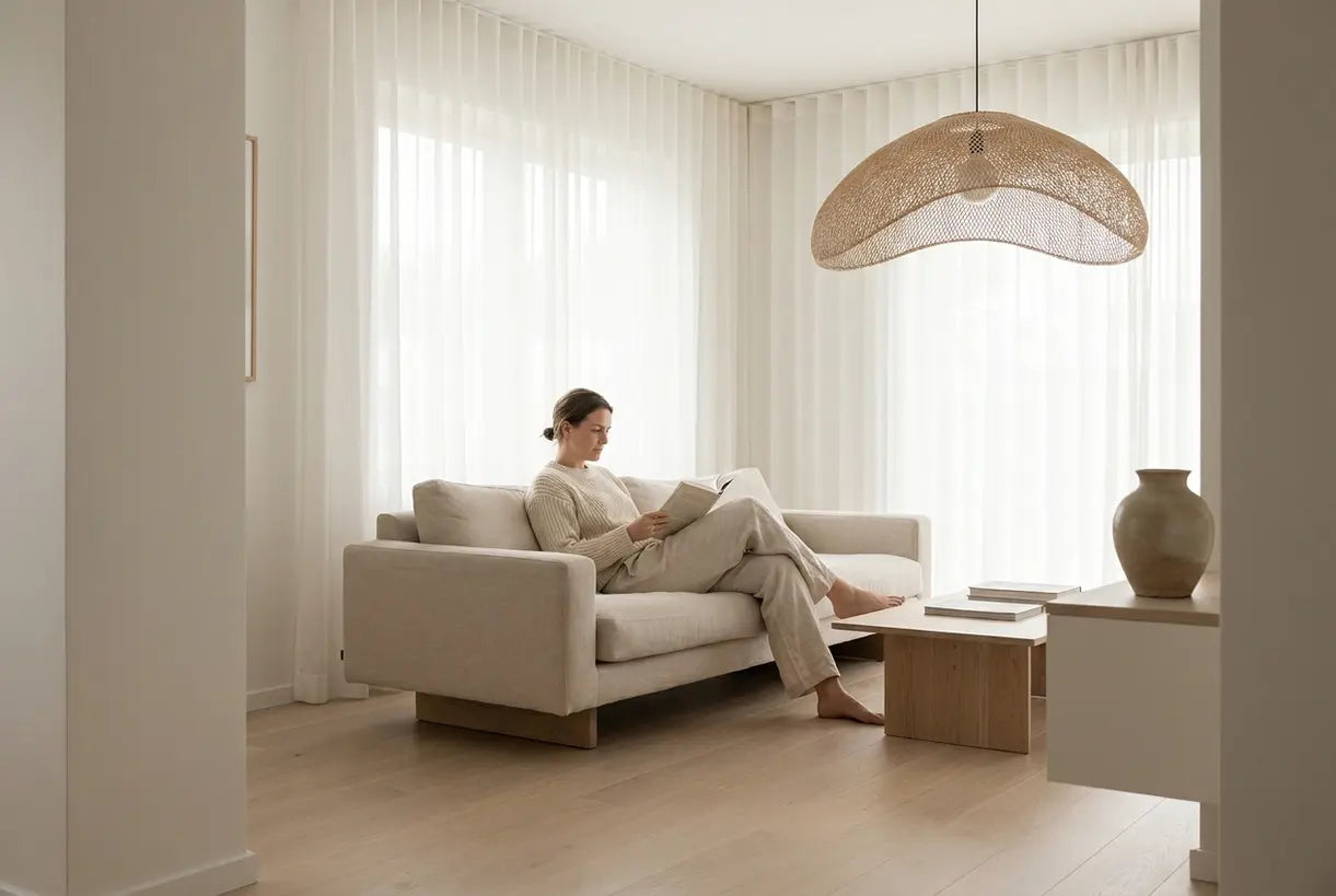 Serene Scandinavian living room with person reading, minimalist design, natural light, neutral home decor