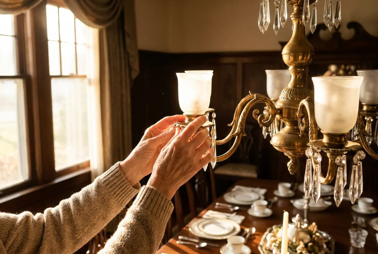 Elegant hands adjusting traditional brass chandelier for formal dining room lighting