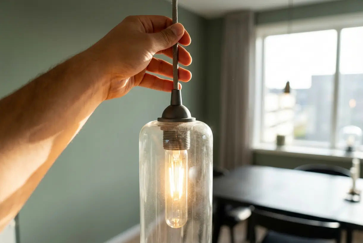 Close-up van hand die slanke glazen cilinder hanglamp met warme sfeerverlichting afstelt