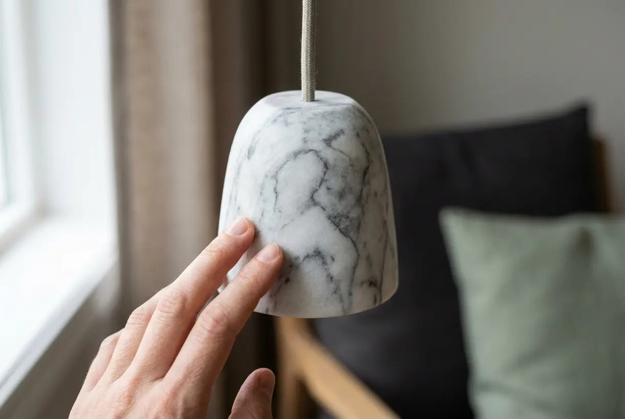 Close-up van een marmeren hanglamp met natuurlijke steenaders, aangeraakt door een hand