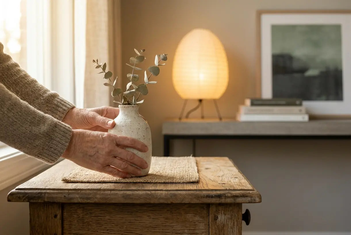 Hands styling ceramic vase on side table with warm lamp glow in Scandinavian home decor setting