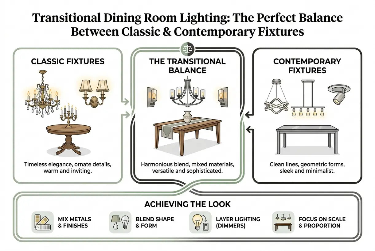 Transitional Dining Room Lighting: The Perfect Balance Between Classic & Contemporary Fixtures - infographic