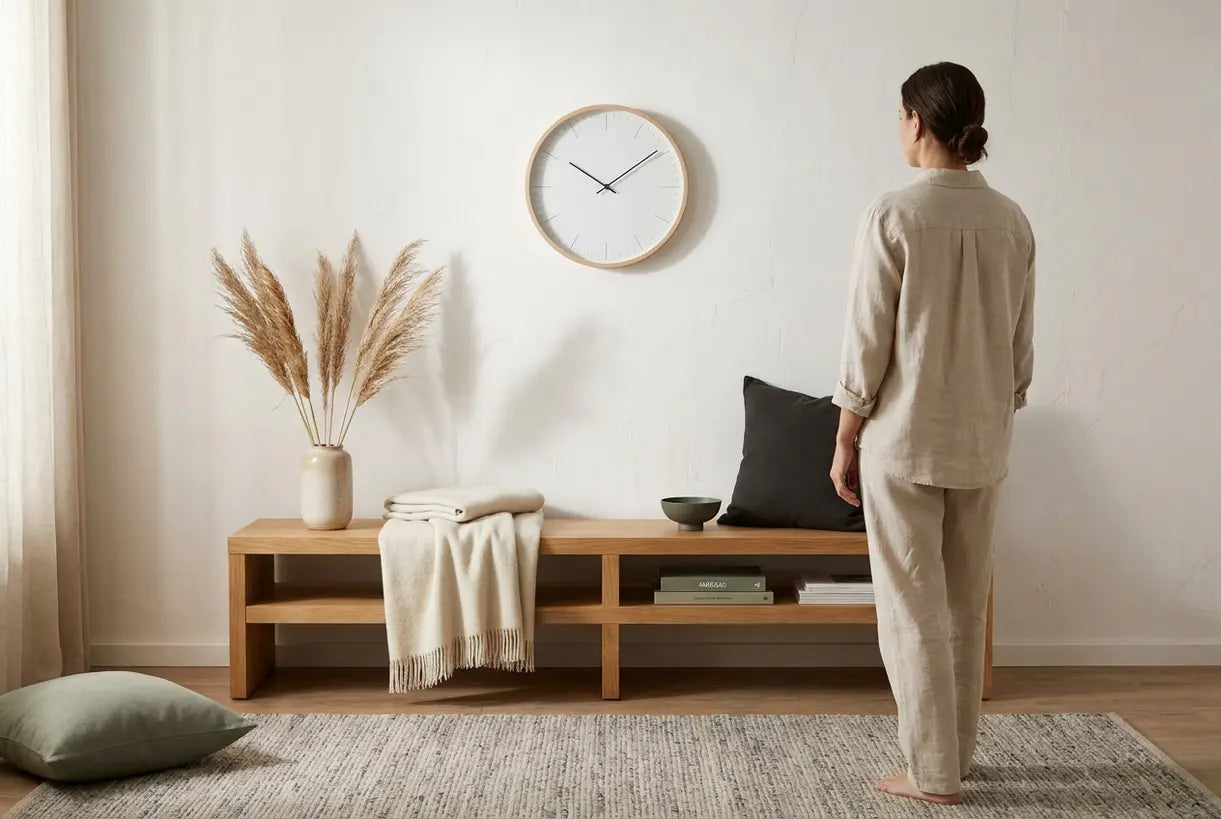 Skandinavisches Wohnzimmer mit minimalistischer nordischer Wanduhr und Hygge-Deko