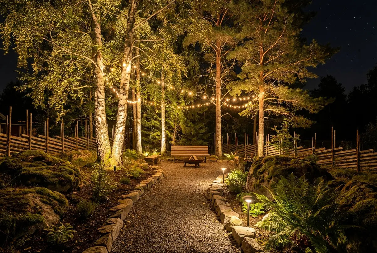 Scandinavische tuin 's nachts met prachtig verlichte bomen en warme buitenverlichting