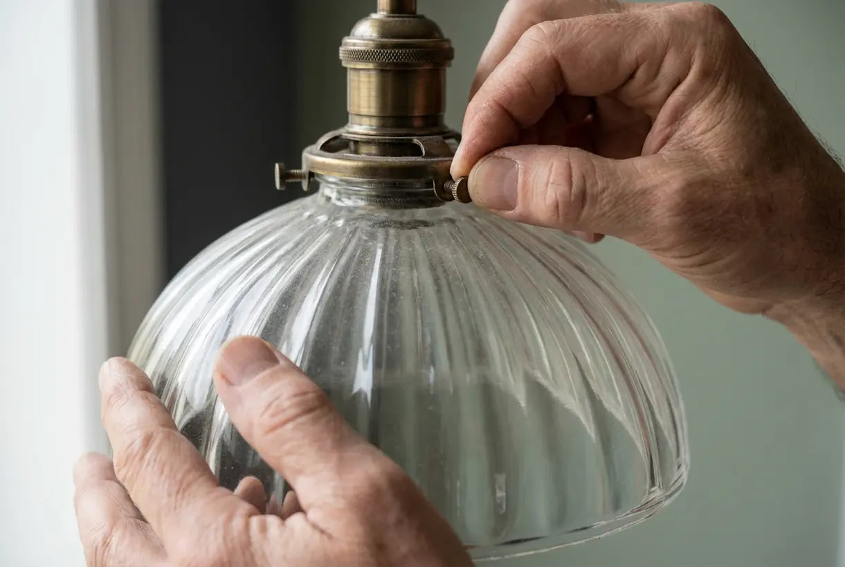 Handen plaatsen voorzichtig een nieuwe glazen kap op een hanglamp