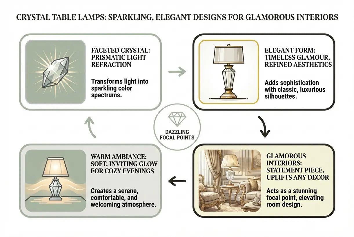 Kristallen tafellampen: sprankelende, elegante ontwerpen voor glamoureuze interieurs - infographic