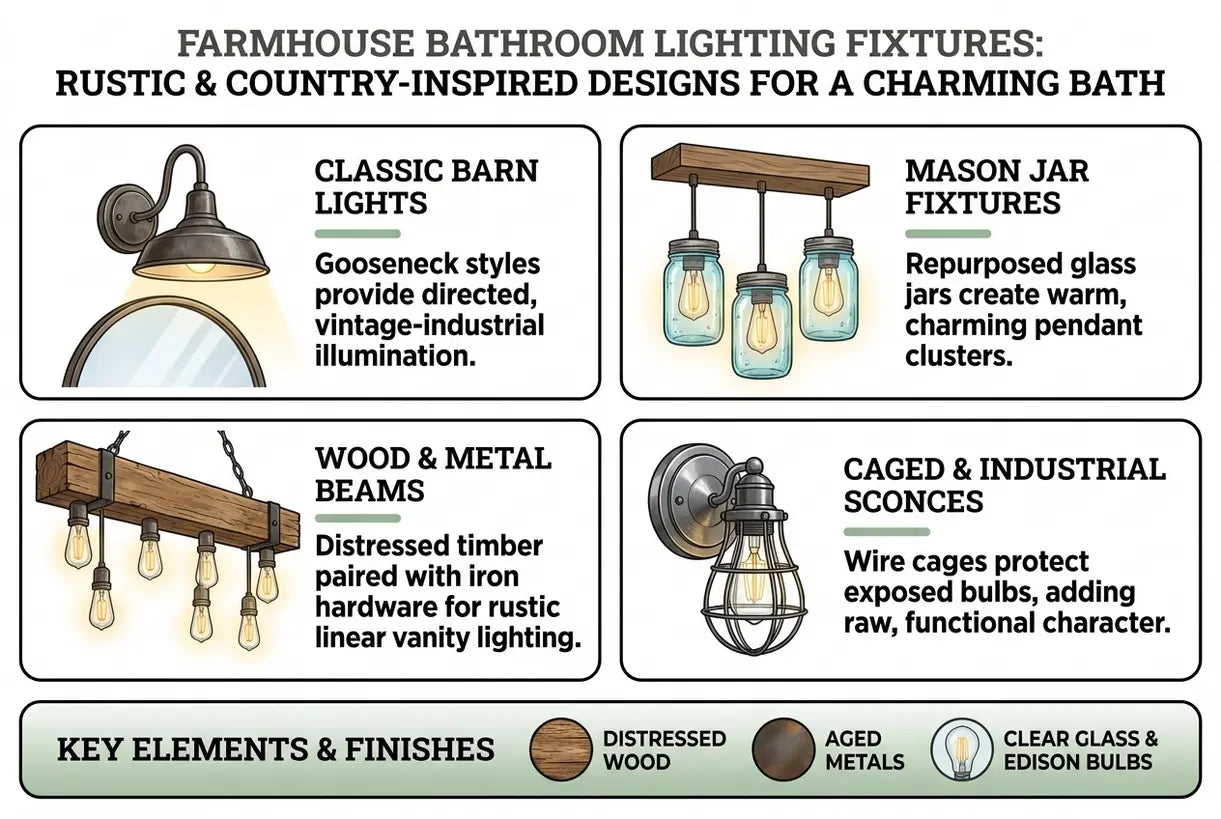 Farmhouse Bathroom Lighting Fixtures: Rustic & Country-Inspired Designs for a Charming Bath - infographic