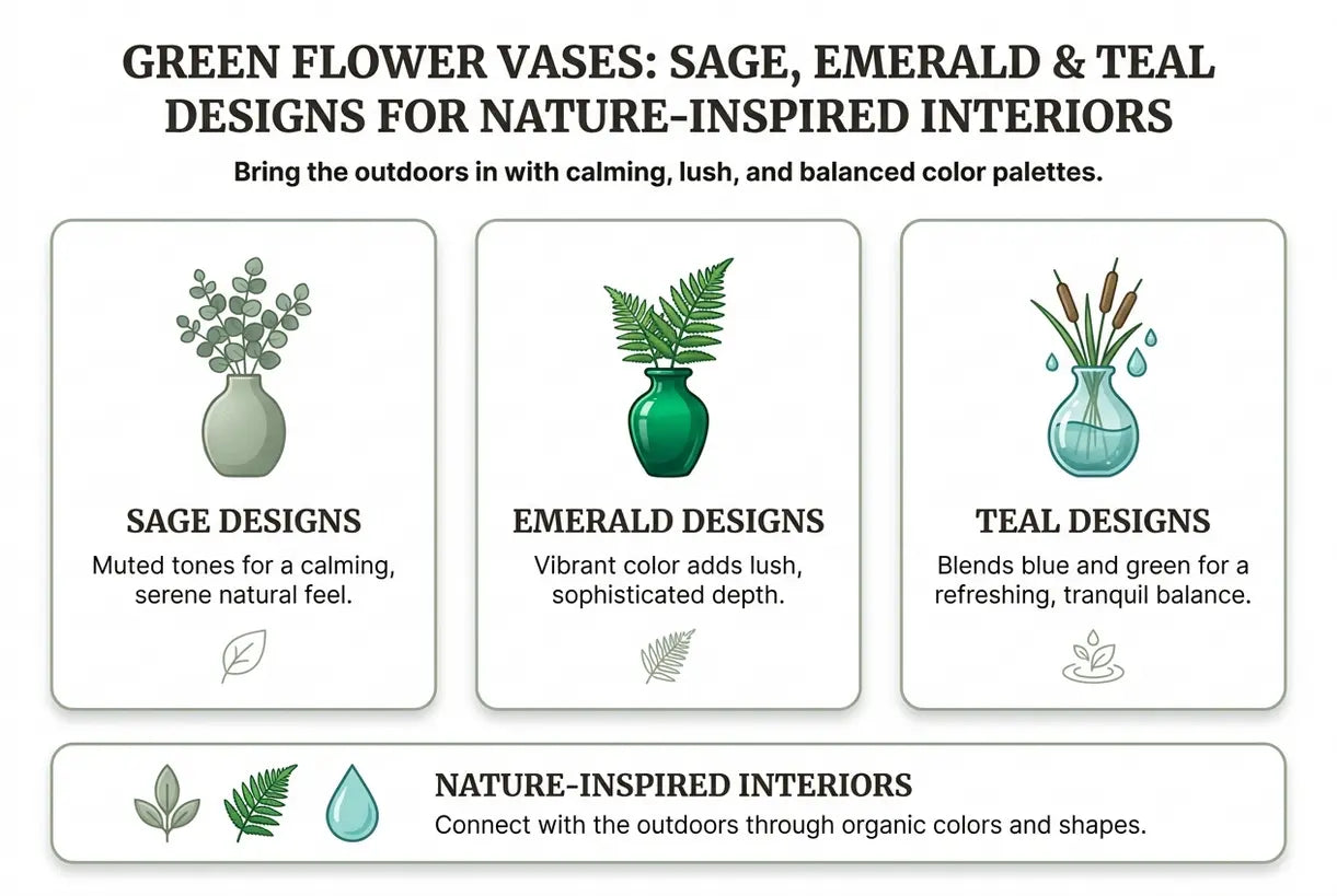 Groene Bloemen Vazen: Salie, Smaragd & Teal Designs voor Natuur-Geïnspireerde Interieurs - infographic