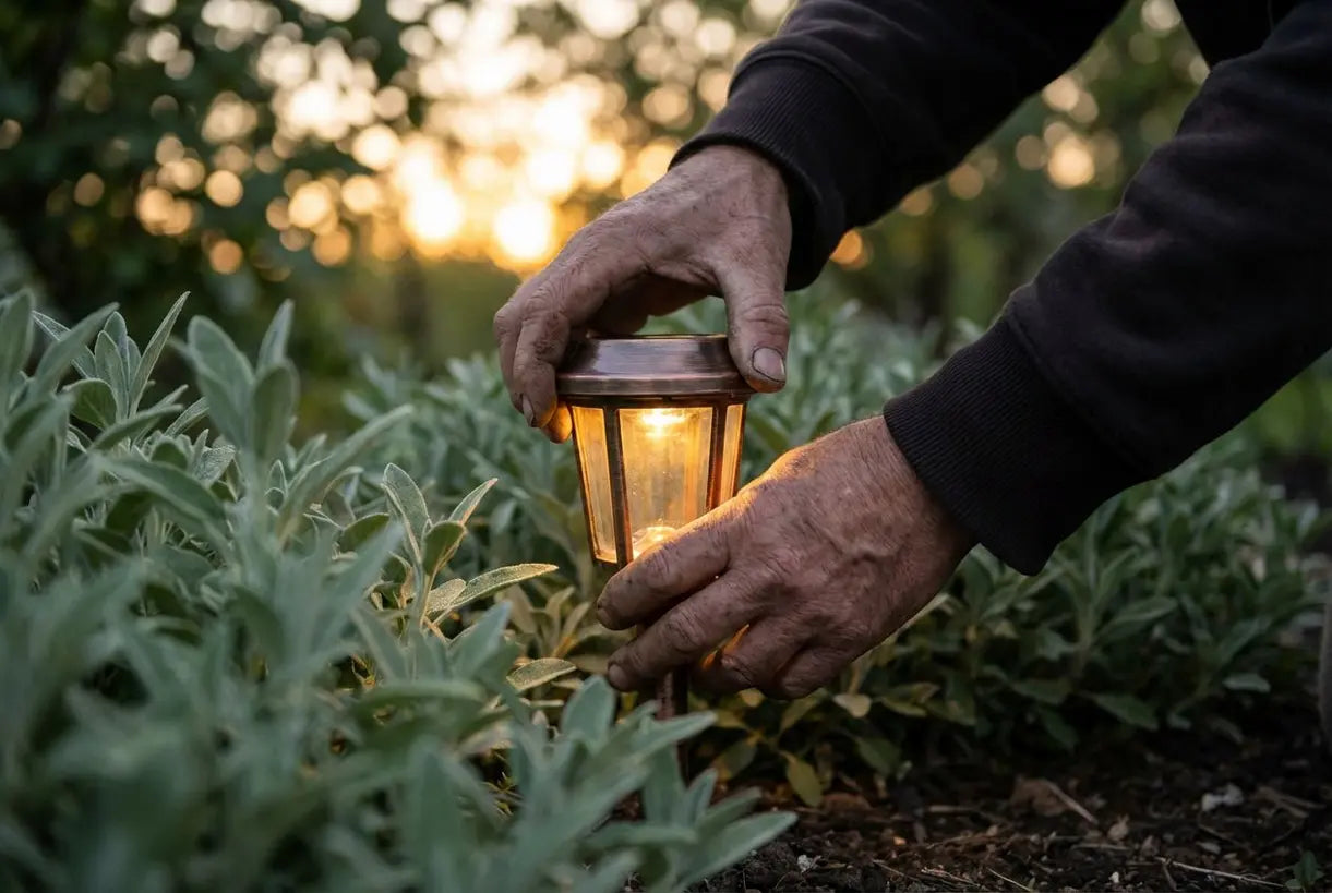 Handen die een warm solar tuinlicht aanpassen in een buitenomgeving tijdens de schemering