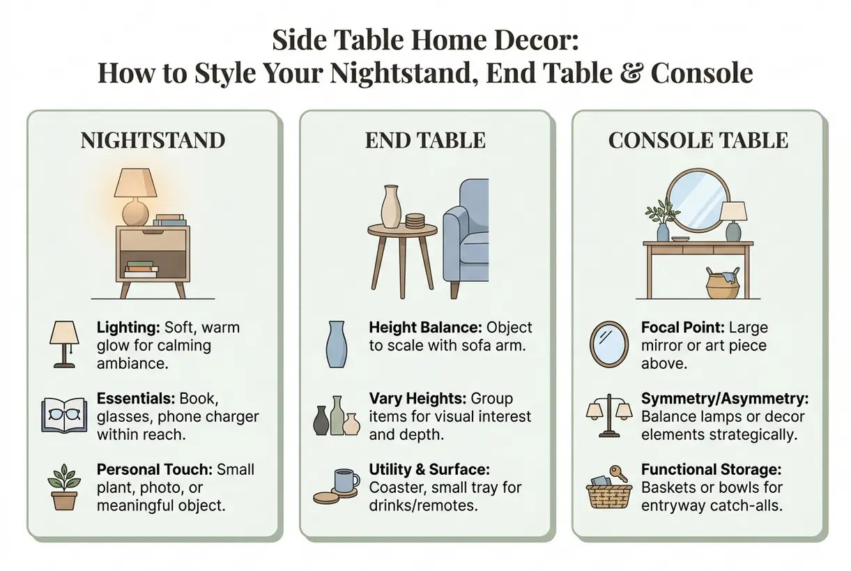 Side Table Home Decor: How to Style Your Nightstand, End Table & Console - infographic