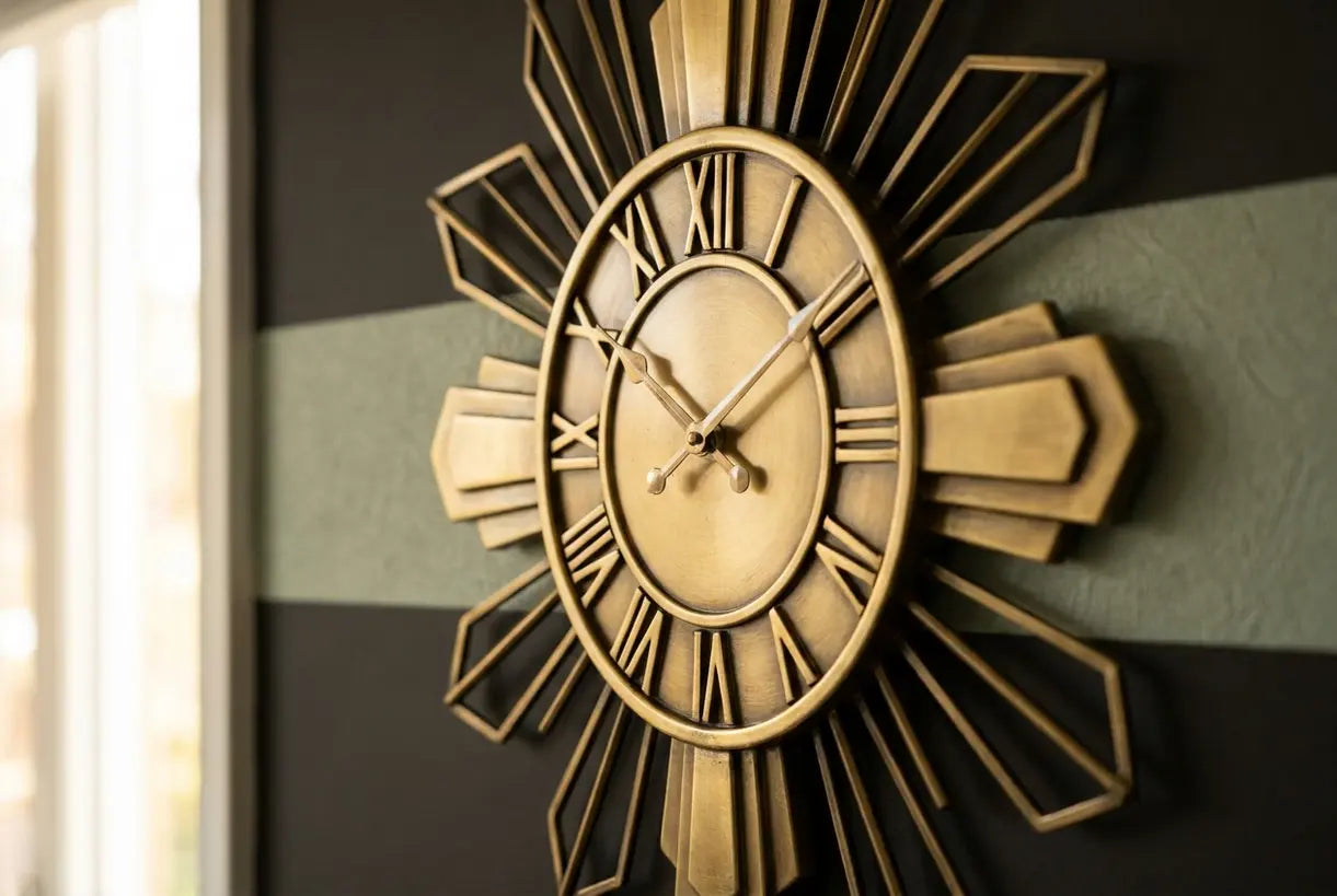 Nahaufnahme einer Art-déco-Wanduhr mit geometrischem Sonnenstrahl-Design und goldenen Messingdetails