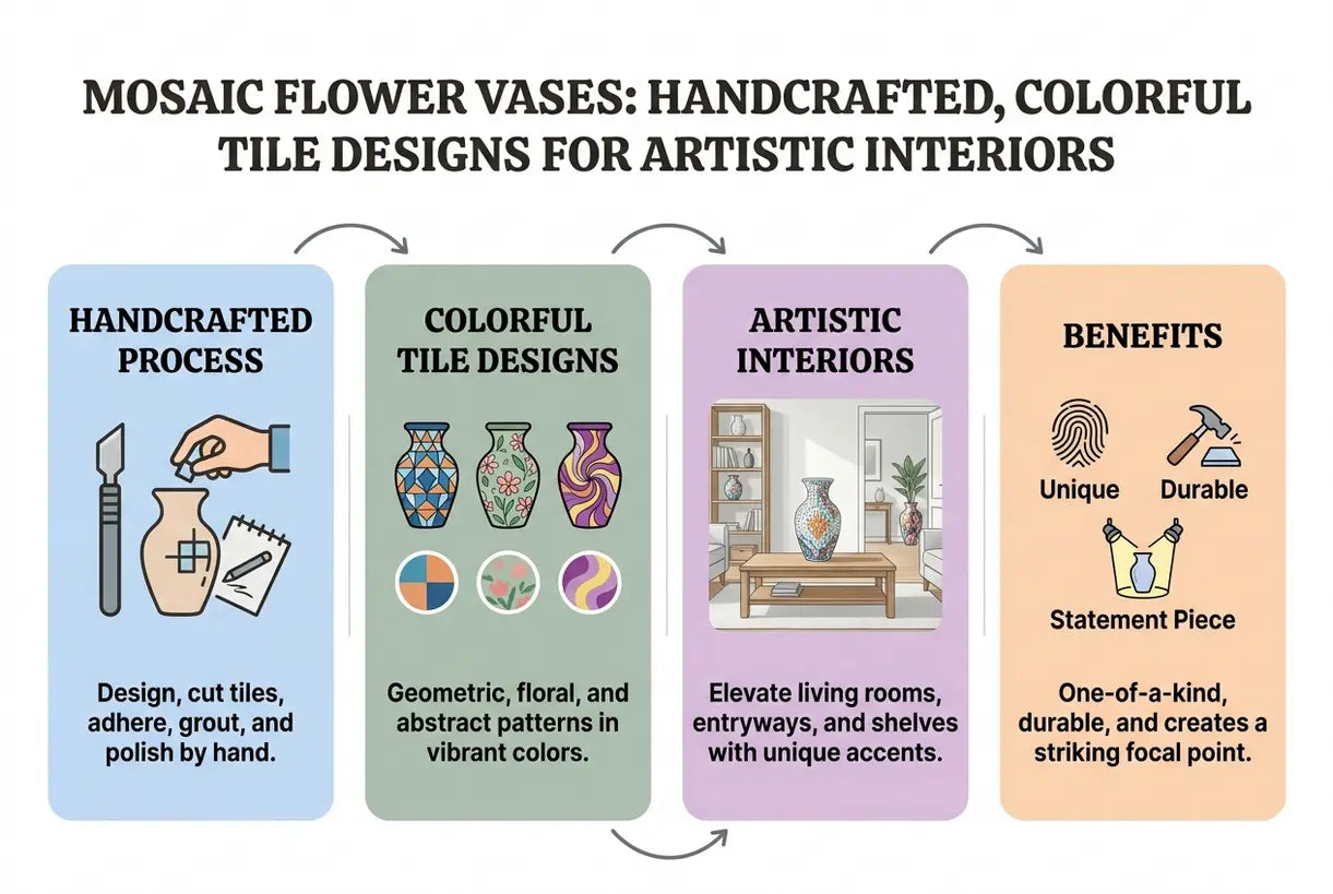 Mosaic Flower Vases: Handcrafted, Colorful Tile Designs for Artistic Interiors - infographic