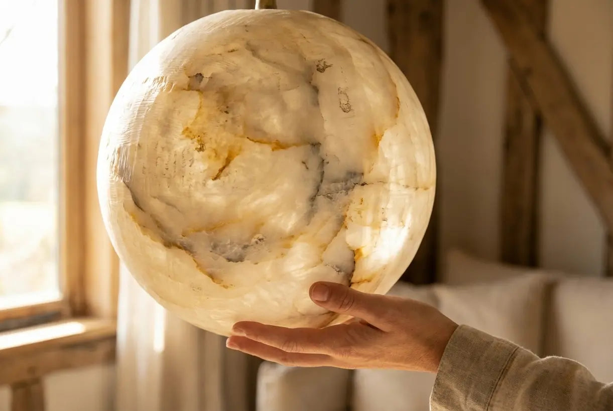 Close-up van een met de hand gesneden bol van albast met natuurlijke aders en een warme, doorschijnende gloed