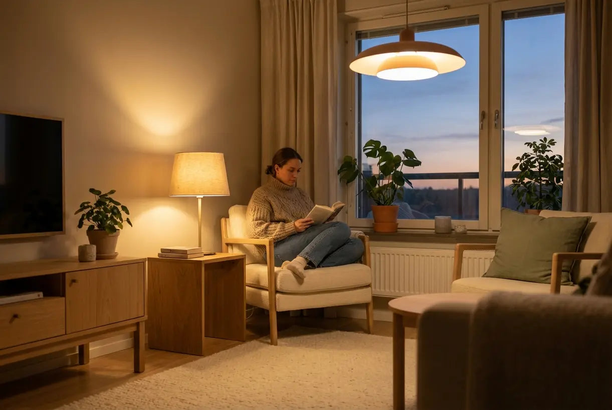 Scandinavische woonkamer met vergelijking van plafondlamp en tafellamp