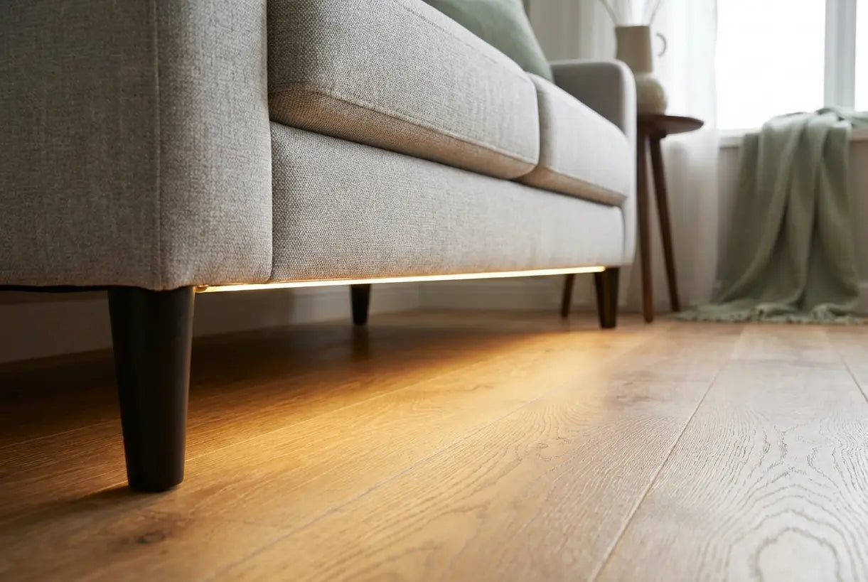 LED strip lighting tucked under modern sofa casting warm ambient glow in living room