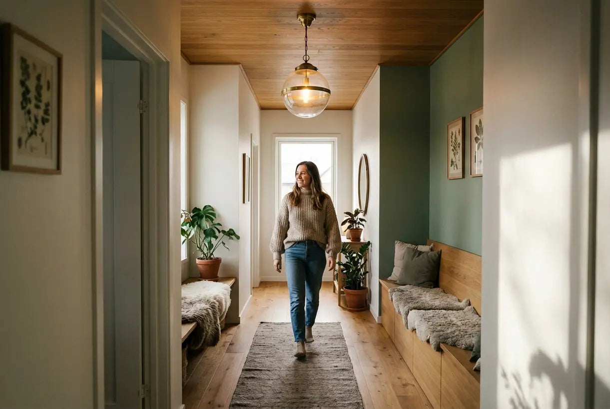 Narrow hallway with Scandinavian pendant light fixture and person walking