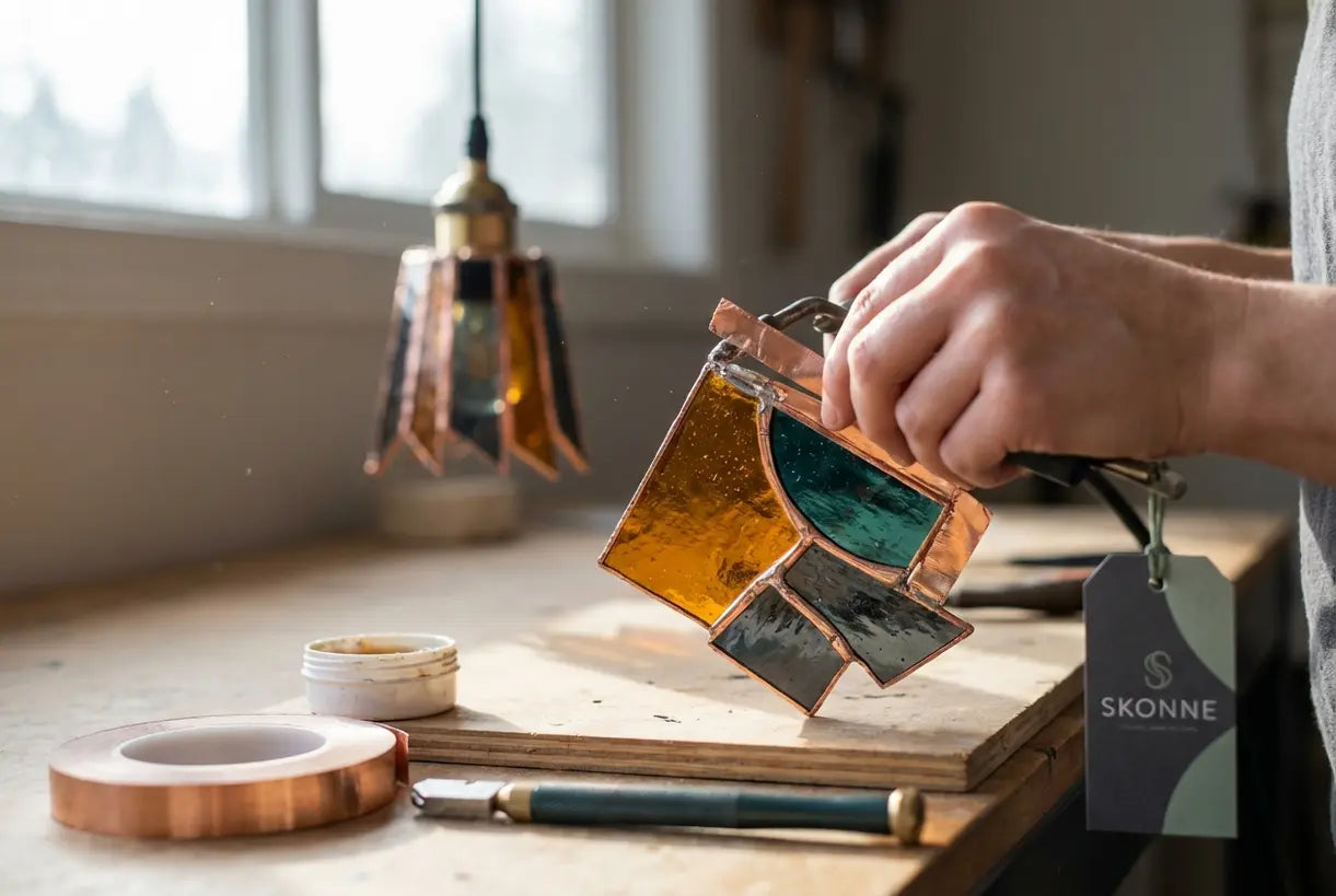 Handcrafted stained glass pendant light detail showing copper foil craftsmanship and amber glass panels