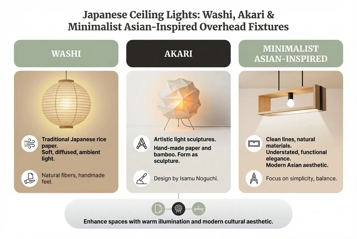 Japanse Plafondlampen: Washi, Akari & Minimalistische Aziatisch-geïnspireerde Plafondarmaturen - infographic