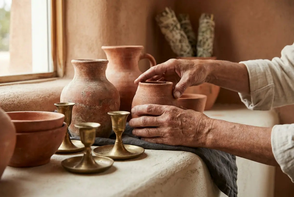 Hands arranging terracotta pottery and brass candle holders for modern Spanish home decor styling