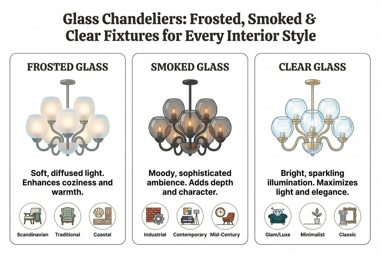Glazen Kroonluchters: Matte, Gerookte & Heldere Armaturen voor Elke Interieurstijl - infographic