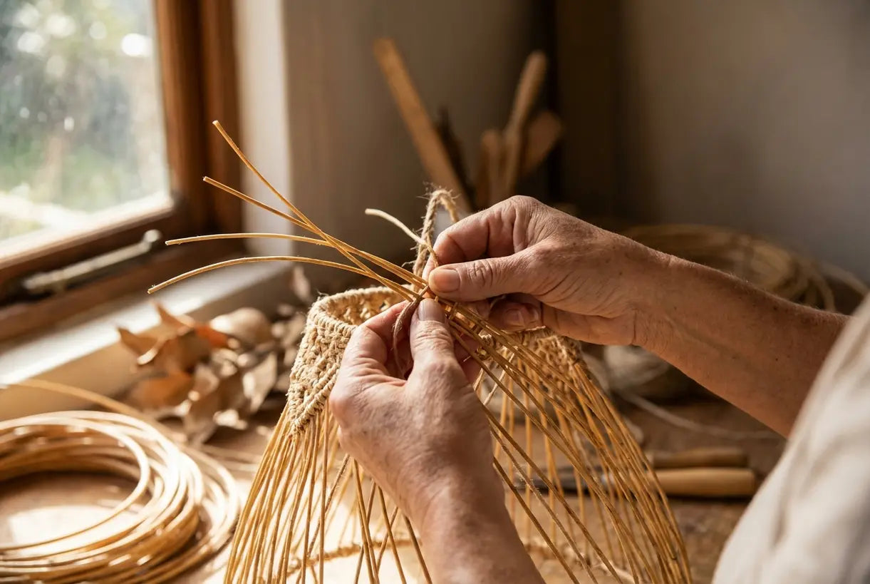 Handgemaakte rotan hanglamp geweven door ambachtelijke handen, met natuurlijke boho verlichting vakmanschap