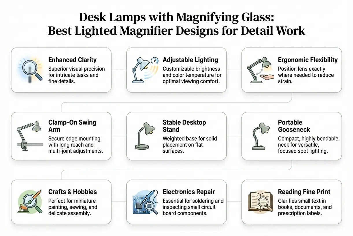 Bureaulampen met vergrootglas: Beste verlichte vergrootglasontwerpen voor detailwerk - infographic