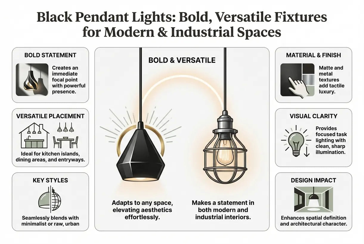 Black Pendant Lights: Bold, Versatile Fixtures for Modern & Industrial Spaces - infographic