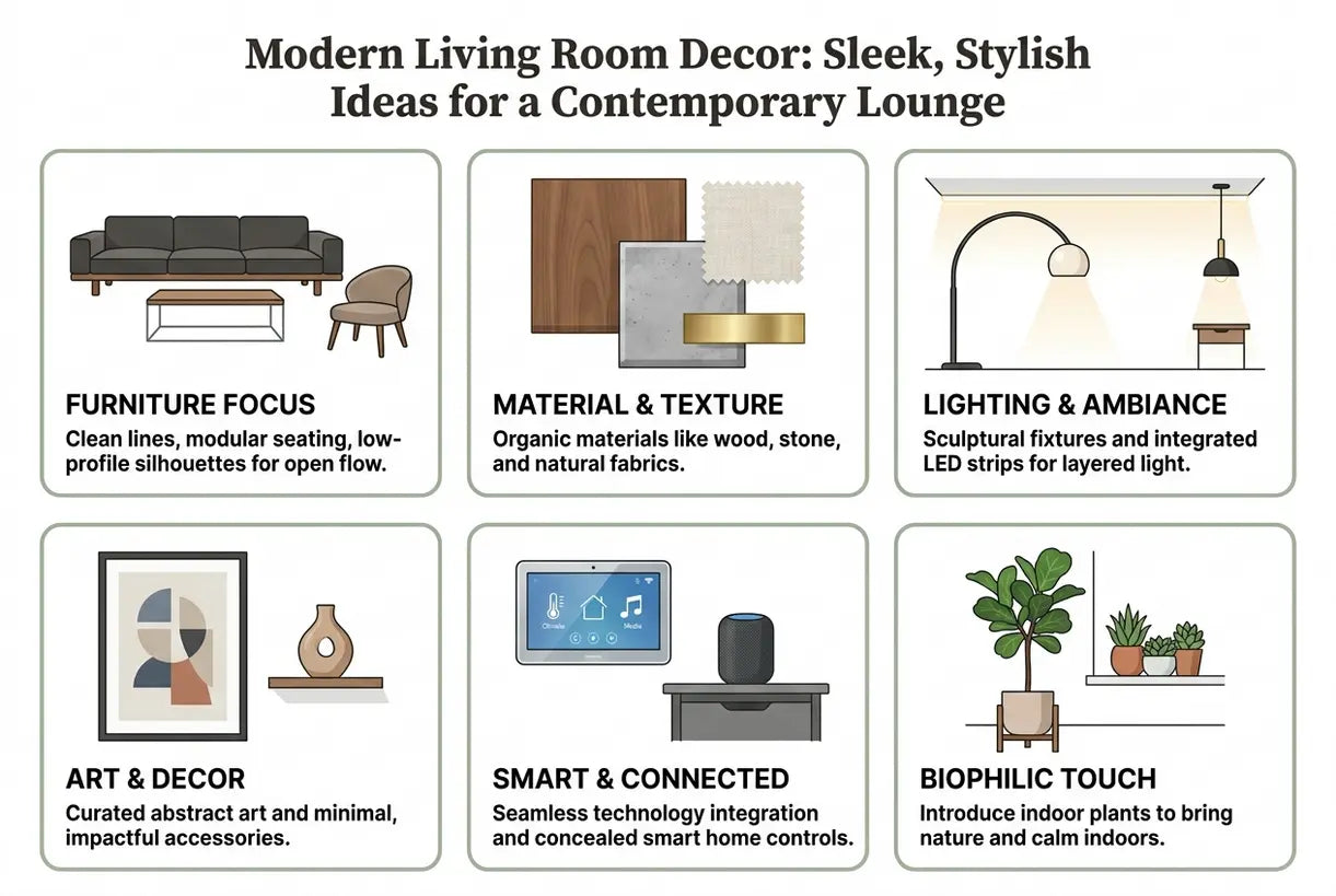 Modern Living Room Decor: Sleek, Stylish Ideas for a Contemporary Lounge - infographic