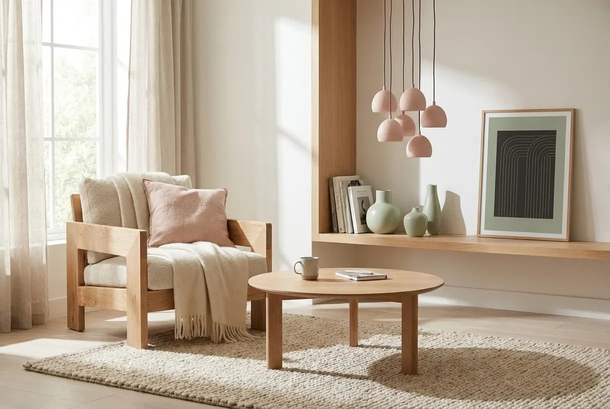 Scandinavian living room with sophisticated pastel lighting and decor, interior design pastel colors inspiration