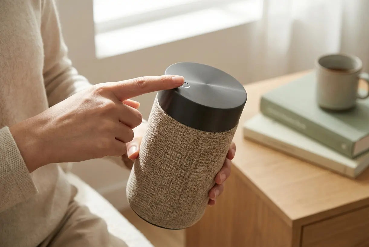 Handen bedienen de aanraakknop van een oplaadbare tafellamp in een Scandinavisch interieur