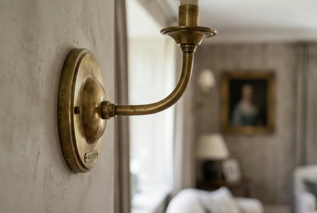 Detail van traditionele messing wandlamp met elegant vakmanschap en warme metallic afwerking