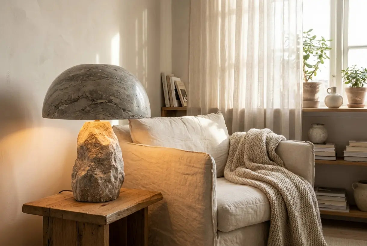 Stenen tafellamp die warm gloeit in een Scandinavische woonkamer met natuurlijke materialen en hygge-sfeer