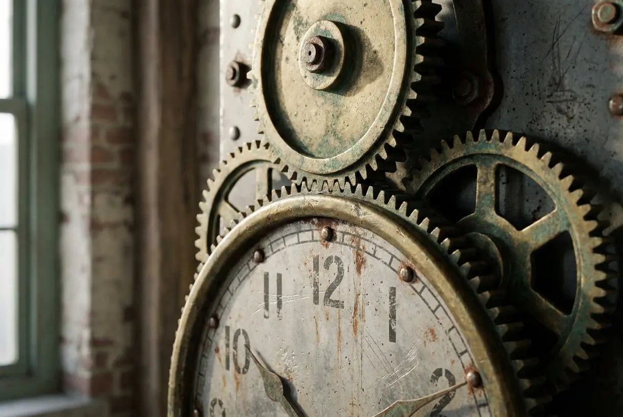 Close-up detail of vintage industrial wall clock gears with aged metal patina