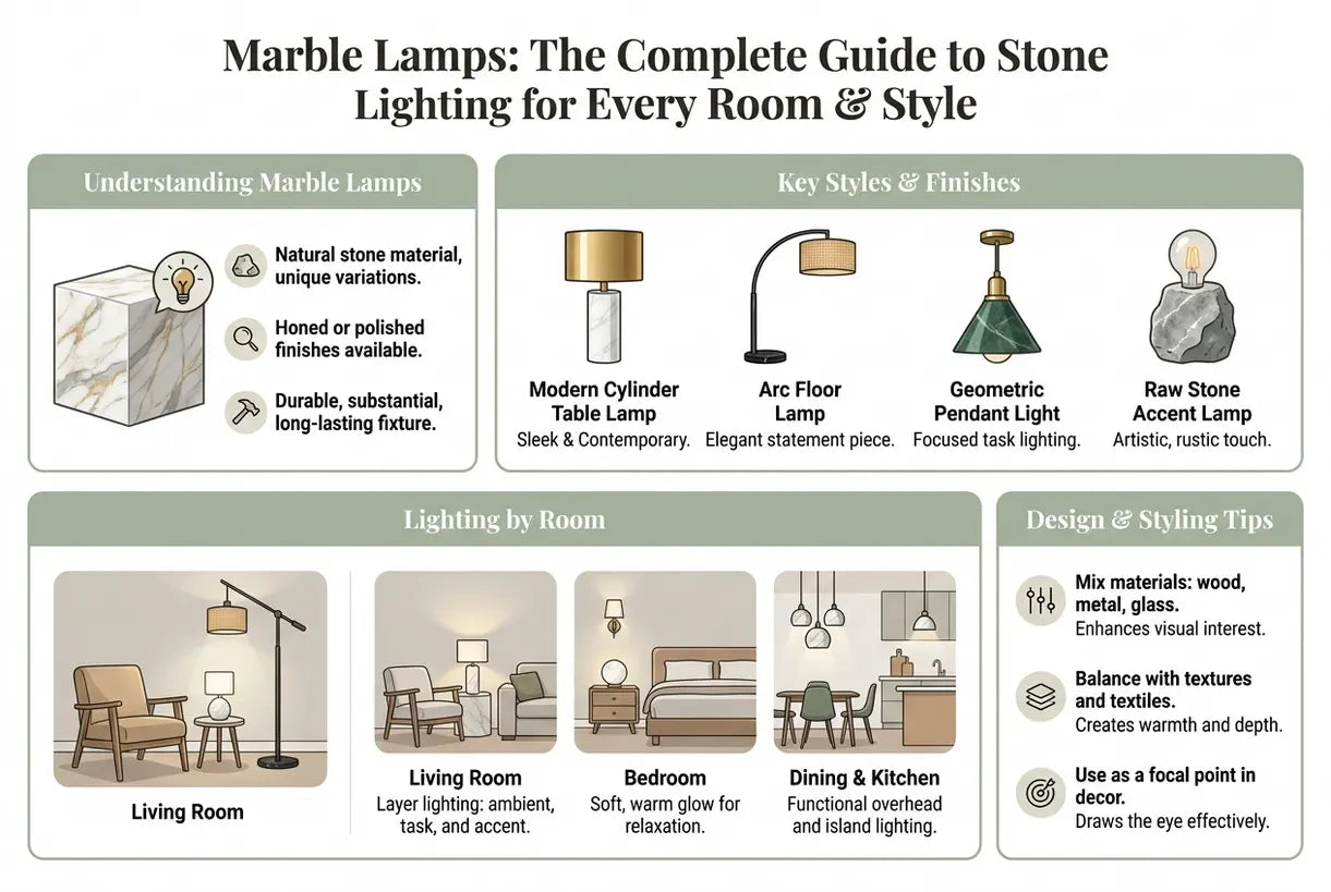 Marmeren lampen: de complete gids voor stenen verlichting voor elke kamer en stijl - infographic