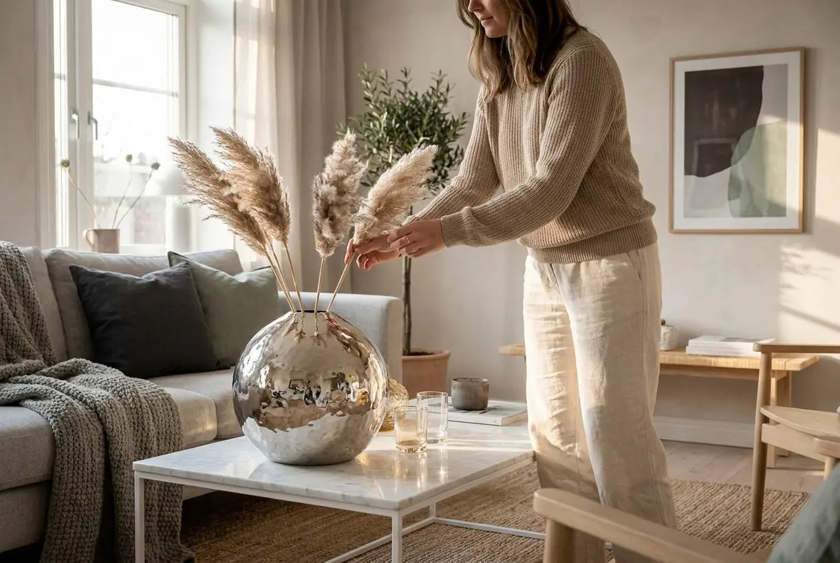 Woman styling decorative silver vase in modern Scandinavian living room, metallic home decor