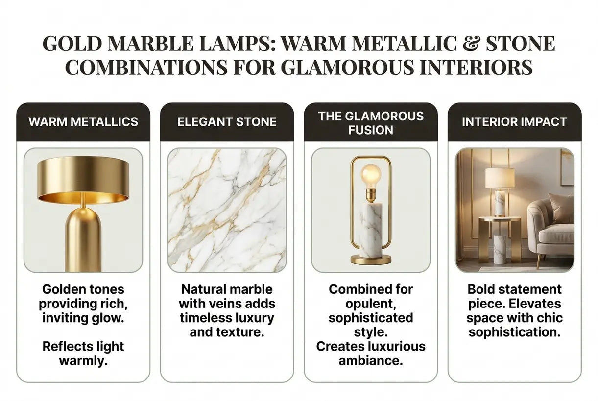 Goudmarmeren Lampen: Warme Metallic & Steen Combinaties voor Glamoureuze Interieurs - infographic