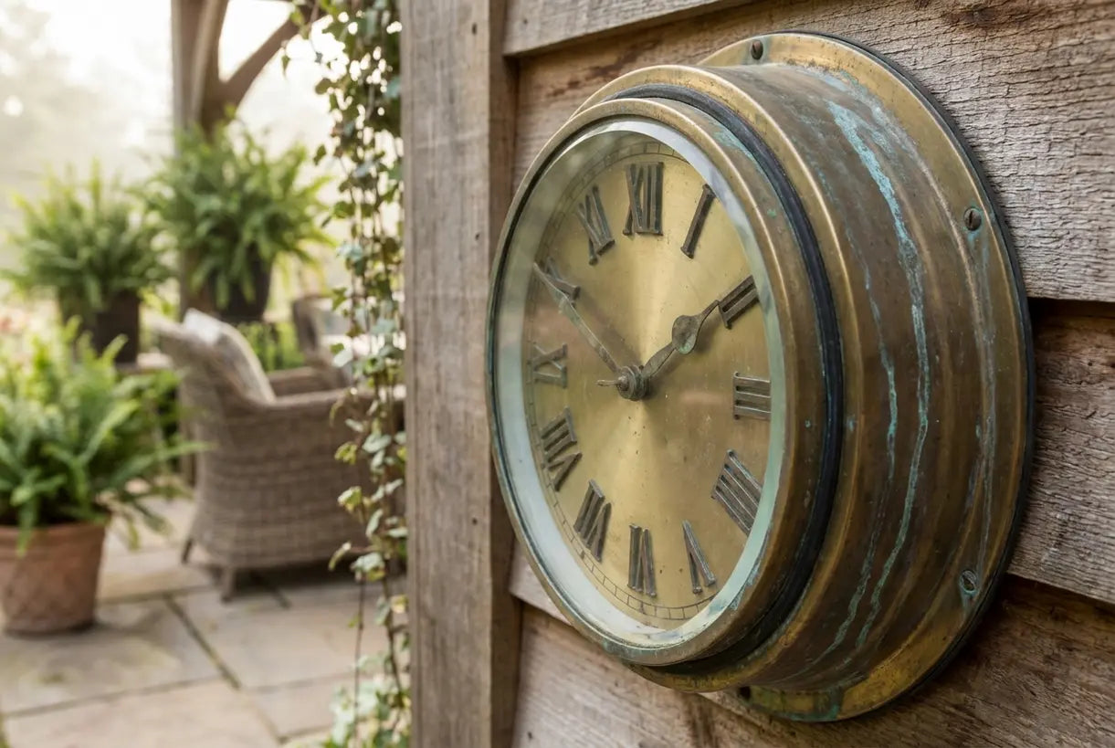 Weather-resistant brass outdoor wall clock with Roman numerals on patio wall