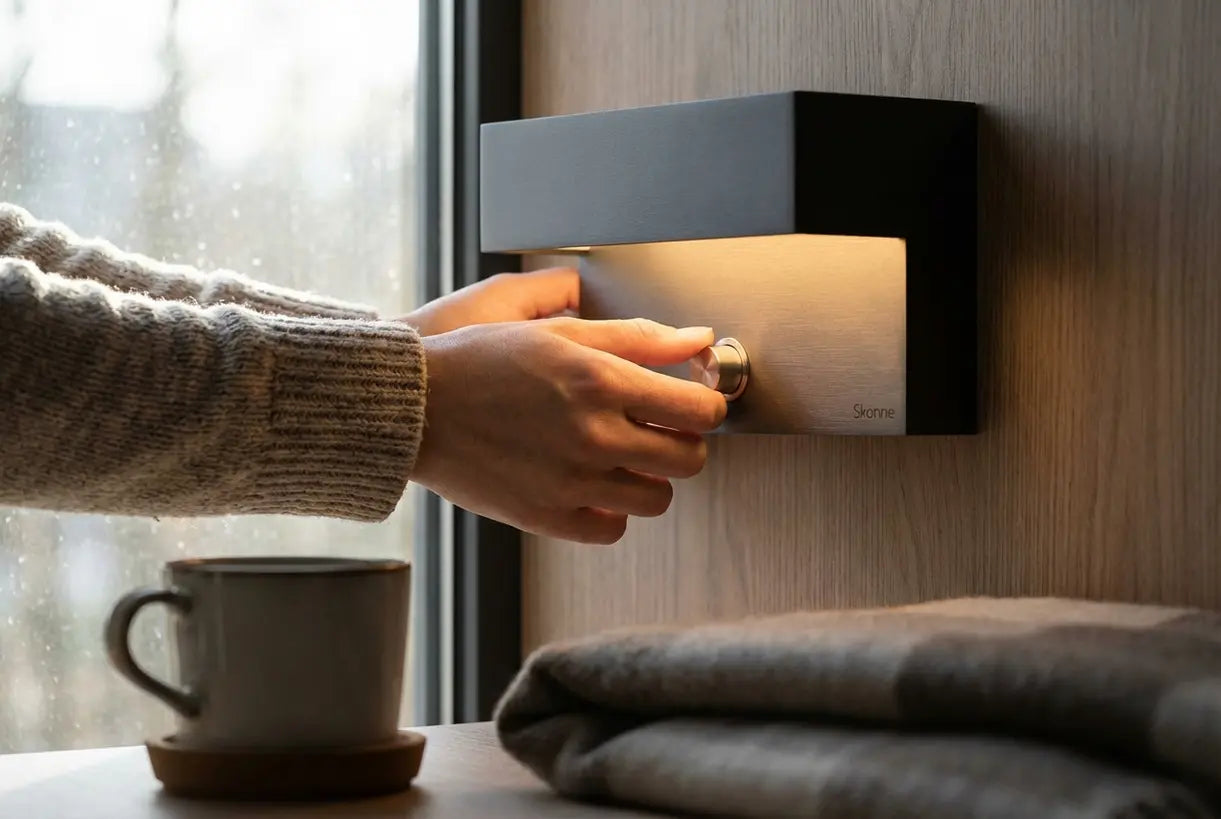 Close-up of hands adjusting LED wall sconce dimmer switch with warm ambient lighting