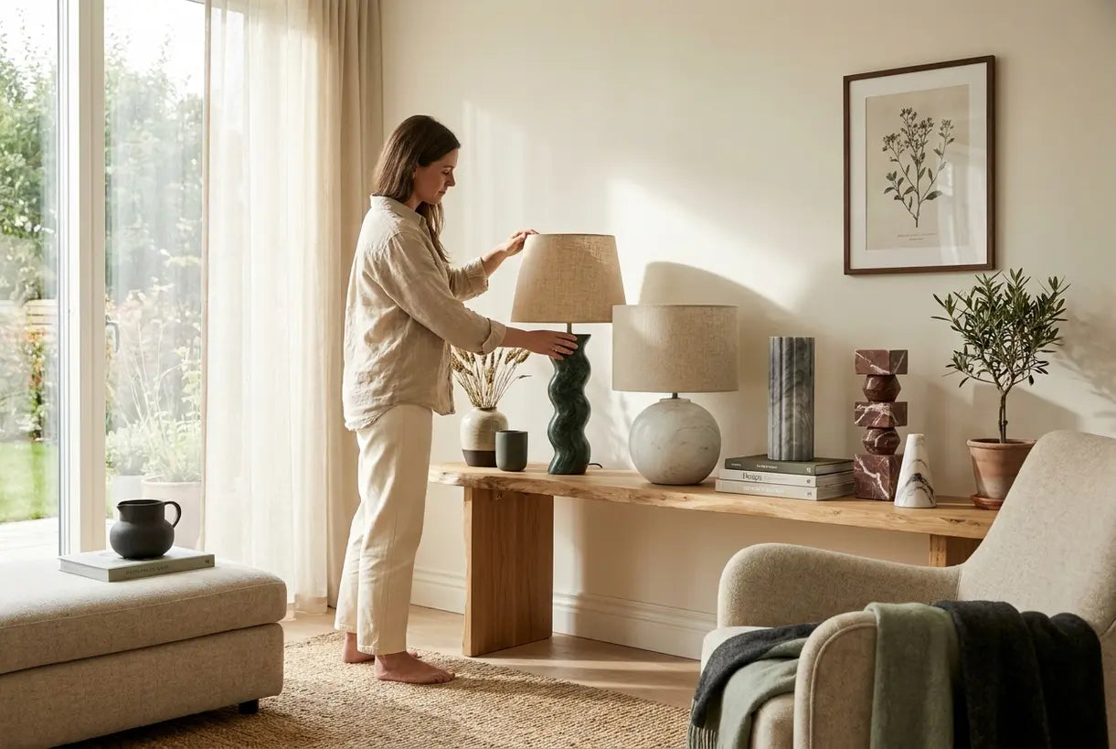 Vrouw stylet marmeren lampvoeten in Scandinavische interieursetting