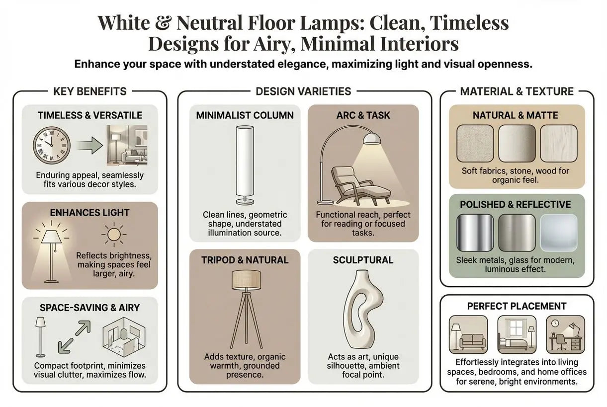 Witte & Neutrale Vloerlampen: Schone, Tijdloze Ontwerpen voor Luchtige, Minimale Interieurs - infographic