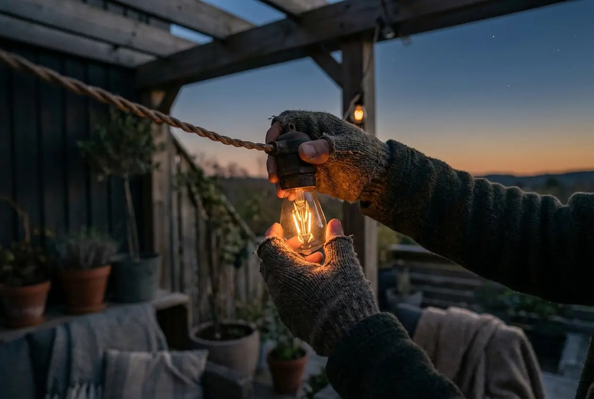 Handen die warme Edison gloeilamp lichtslingers aanpassen voor sfeer op het terras bij schemering